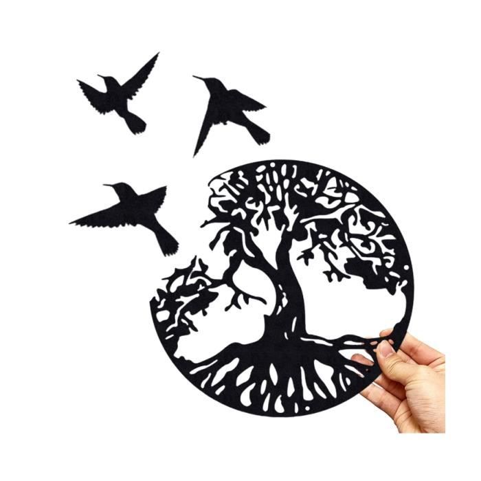 Arbre De Vie En Métal 49cm - Décoration Murale Ronde Noire Avec 3 Oiseaux Pour Intérieur Et Extérieur