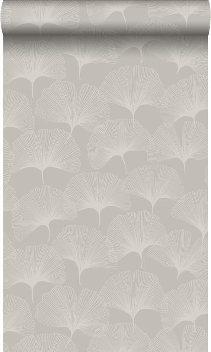 Papier peint feuilles de ginkgo gris chaud grisé brillant - 0,53 x 10,05 m - 347749