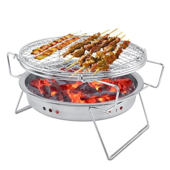 Mini barbecue en acier inoxydable pliant, barbecue à charbon de bois Barbecue portable, poêle à barbecue rond pour la cuisine de