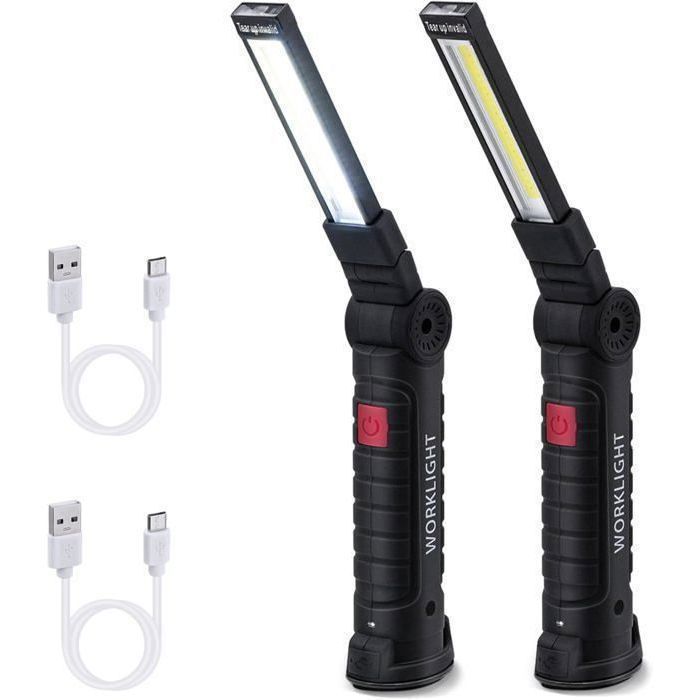 2PCS Lampe de Travail Rechargeable COB Baladeuse LED Ultra Lumineuse avec Base Magnétique 5 Modes pour Garage Camping