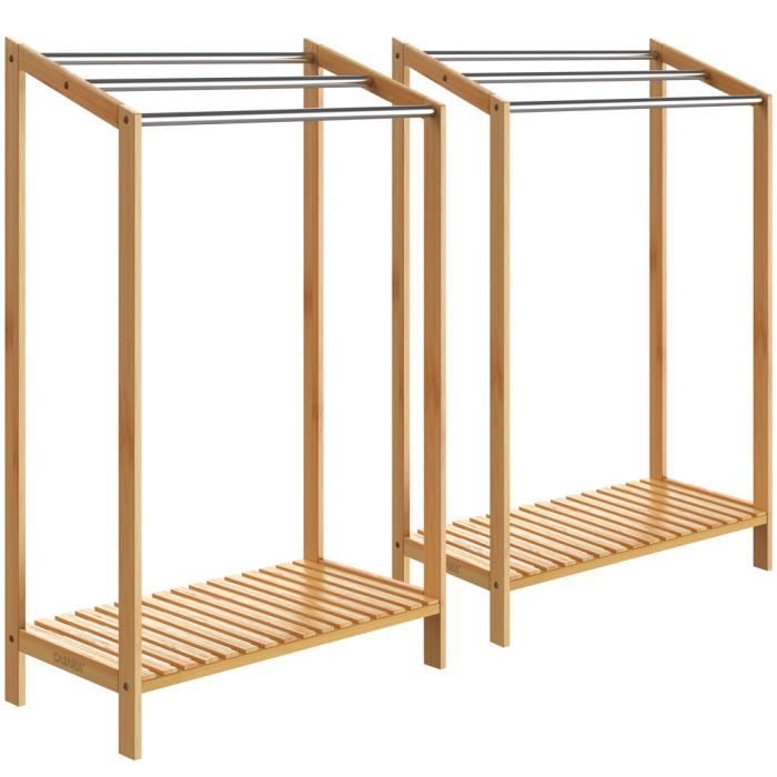 2x Porte-serviettes en bambou sur pied avec 3 barres en inox Étagère de rangement 2x Porte-serviettes en bambou sur pied avec 3 barres en inox Étagère de rangement