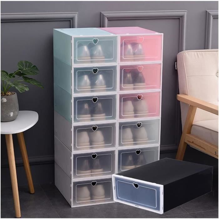 Lot De 6 Boîtes à Chaussures Empilables Et Pliables Avec Tiroir - Plastique PP, Couvercle Transparent, Tailles S/L