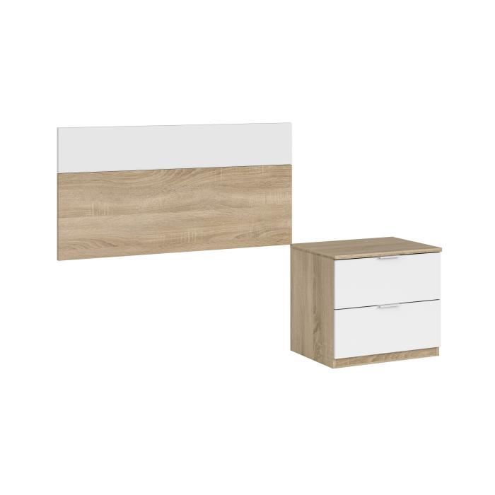 table de chevet à deux tiroirs dmora pour lit simple 90 cm - chêne et blanc