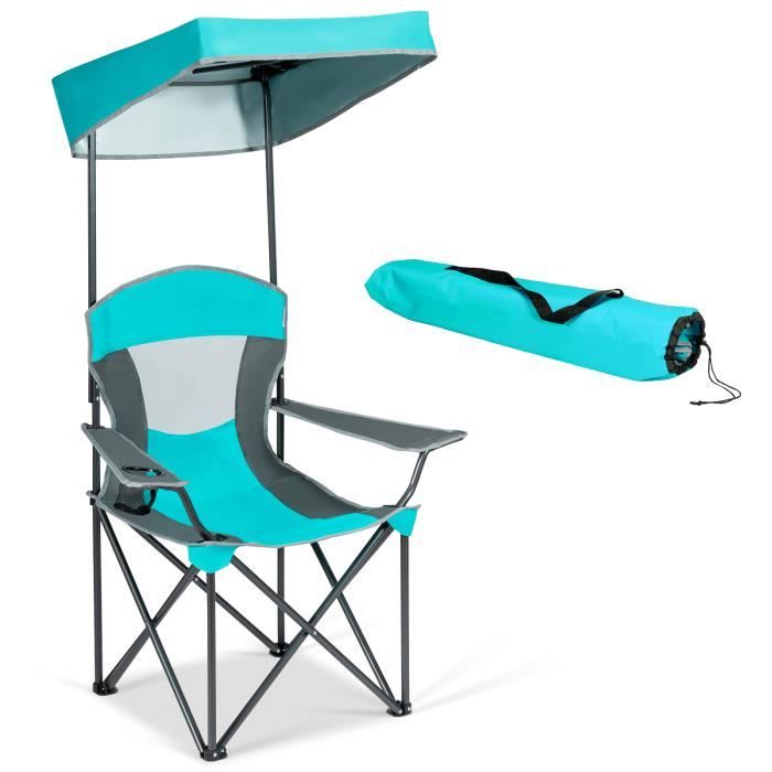 DREAMADE Chaise de Camping Pliante Portable, Fauteuil de Pêche Pliable avec Pare-Soleil&Porte-Gobelet&Sac de Transport Bleu Clair