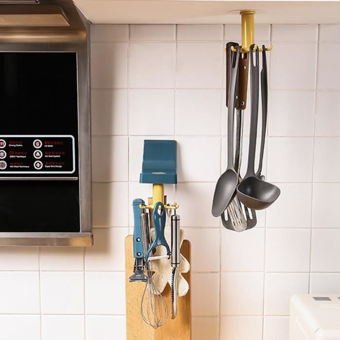 KATIMI 4 Pièces Porte-Ustensiles Cuisine Mural Rotatif 360° - Rangement Sans Perçage Avec 6 Crochets, Noir