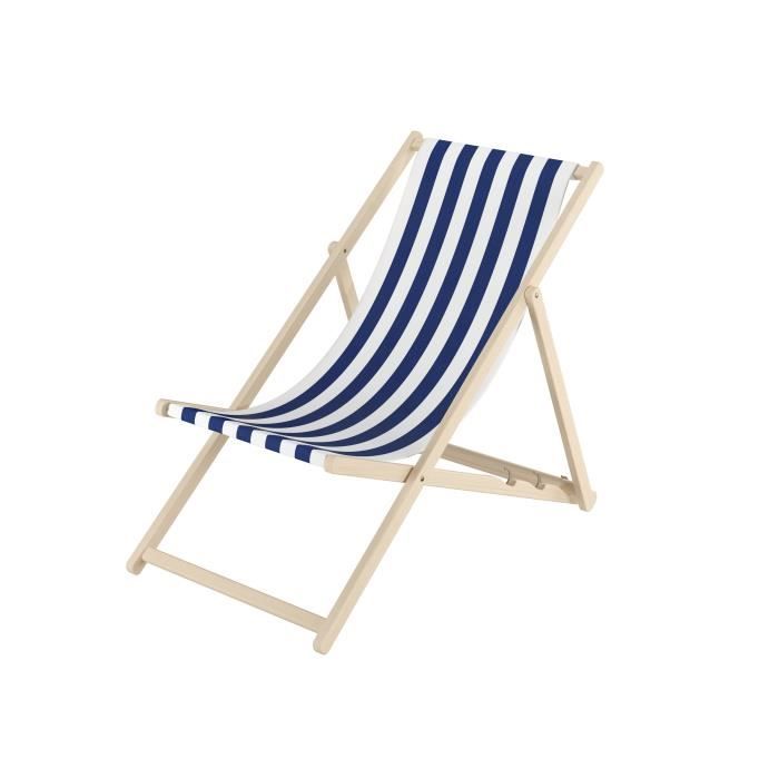 chaise longue, bleu blanc rayé, chilienne, bain de soleil pliant, en bois naturel v-10-317n [modèle base]