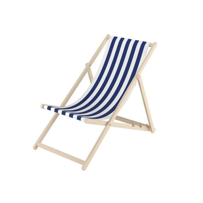 Chaise longue bleu blanc rayé chilienne bain de soleil pliant en bois naturel V-10-317N [Modèle base]