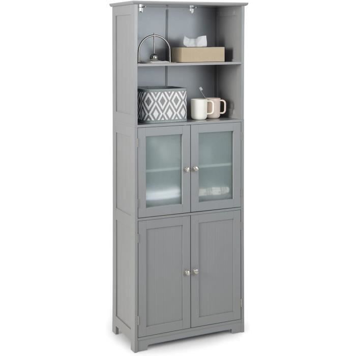 GIANTEX Meuble Colonne de Salle de Bain /Armoire Haute avec 4 Portes 6 Étagères dont 2 Réglables 60x30x163cm Style Scandinave Gris