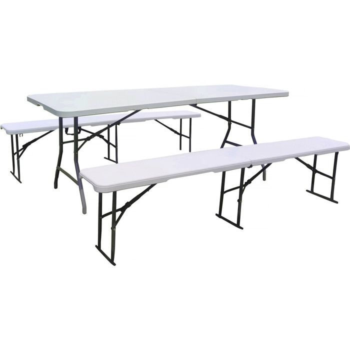 Ensemble Table de jardin pliante + 2 Bancs pliants Foldy - Blanc