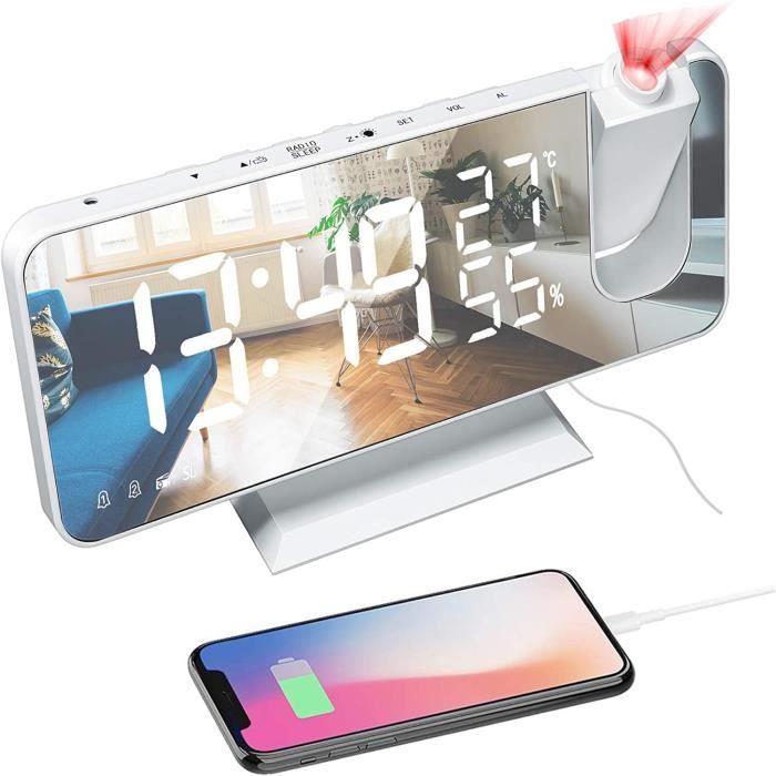 Leytn® Réveil Projecteur Plafond Rotation 180 ° Luminosité Réglable avec Fonction Snooze Double Réveil Radio FM - Blanc