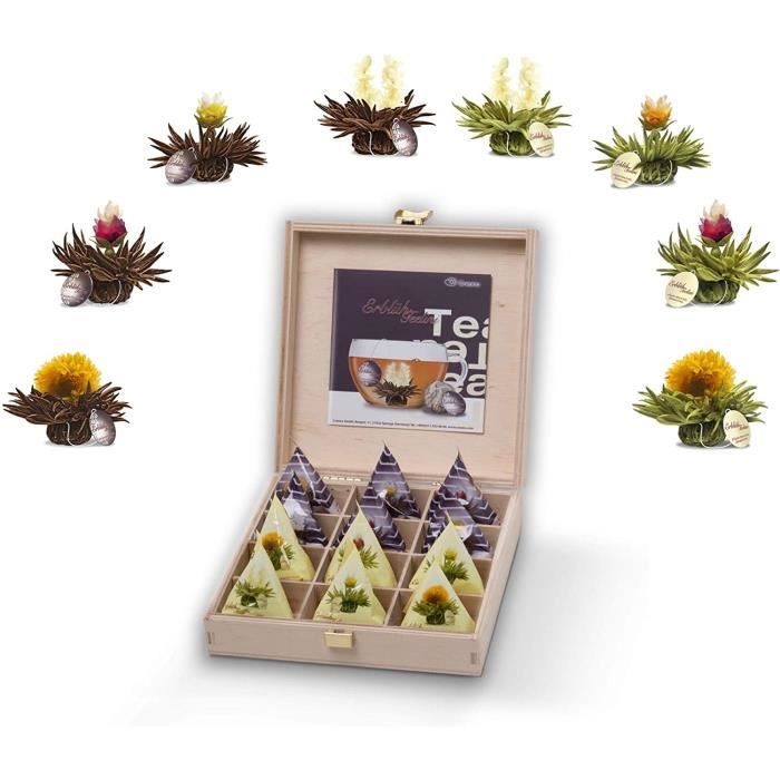Coffret cadeau 12 fleurs de thé noir et blanc dans une boîte en bois -  Creano