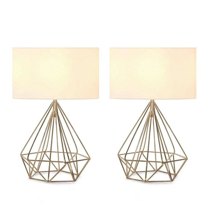 Lot de 2 lampes de table pied filaire diamant Amaya Tissu Blanc crème et Métal Or antique