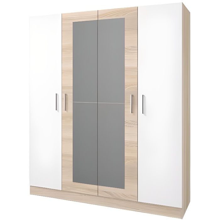 Armoire 4 portes avec miroir LESI sonoma/blanc Cdiscount Maison