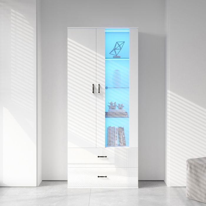 Vitrine avec 2 portes 2 tiroirs et LED armoire de rangement pour salon bureau ou cuisine - 60x35x182cm - Blanc Vitrine avec 2 portes 2 tiroirs et LED armoire de rangement pour salon bureau ou cuisine - 60x35x182cm - Blanc