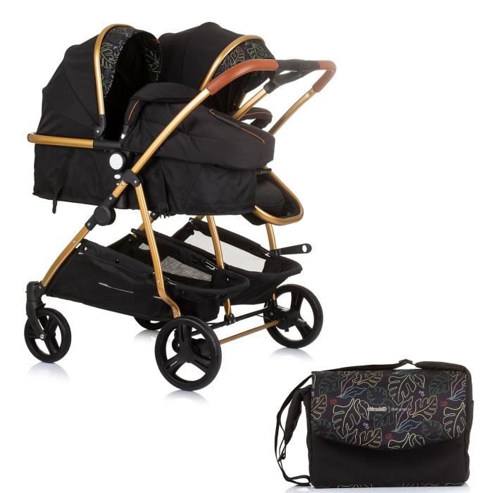 DUO SMART Poussette jumeaux ou enfants rapprochés largeur 79 cm Noir - Feuilles sans cosy