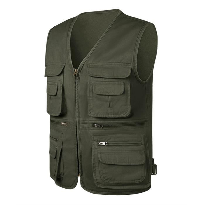 Gilet de Pêche en Coton Multi-Poches pour Homme Sans Manches