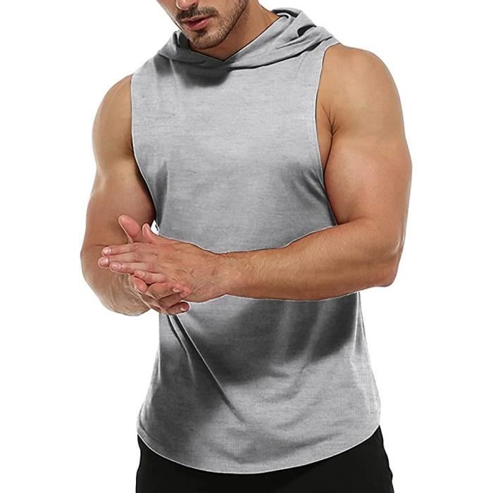 Debardeur Homme Sport sans Manches Muscle Entraînement Fitness Musculation  À Capuche avec Poches Gris