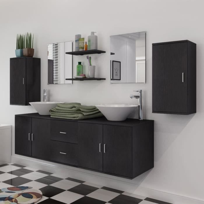 ensemble de meubles de salle de bain avec lavabo 9 pièces - salutuya - moderne - noir - aggloméré - 150 x 45 x 45 cm