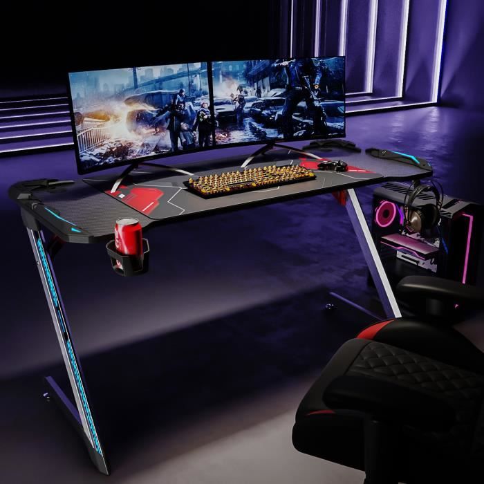 Bureau Gaming de Jeu Bureau Gamer 140x60x75cm Noir avec Tapis de Souris RGB Lumière - SIRHONA
