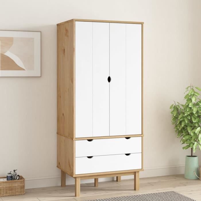 Armoire - TMISHION - OTTA - Bois massif pin - 2 portes - 2 tiroirs - Design scandinave