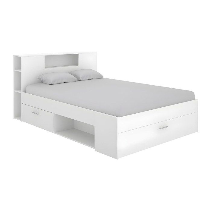 Lit avec tête de lit rangements et tiroirs - 140 x 190 cm - Coloris : Blanc - LEANDRE
