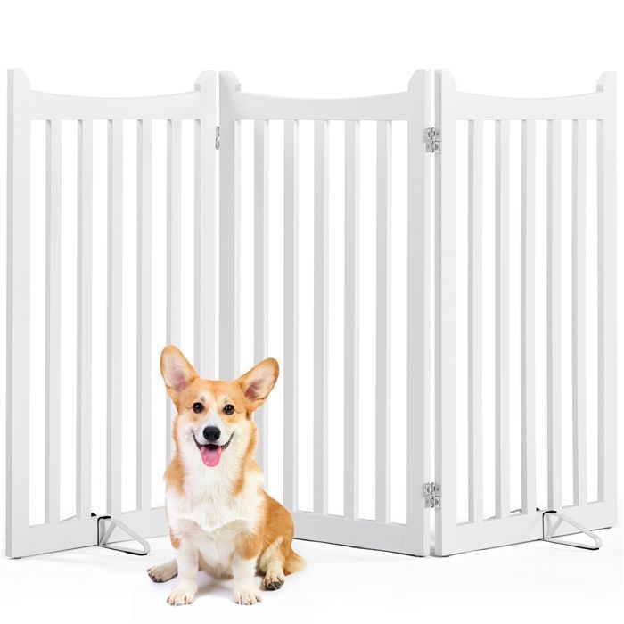 Meilleurs prix pour YAHEETECH - Barrière de Sécurité Chien Pliable- en Bois - 3 Panneaux 2 Pieds de Support -90,5 cm de Haut sans Perçage - Blanc
