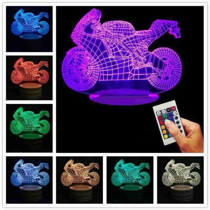 Lampe Veilleuse 3D Moto - 7 Couleurs Tactiles, Alimentation USB/piles, Décoration Chambre Ado, Cadeau