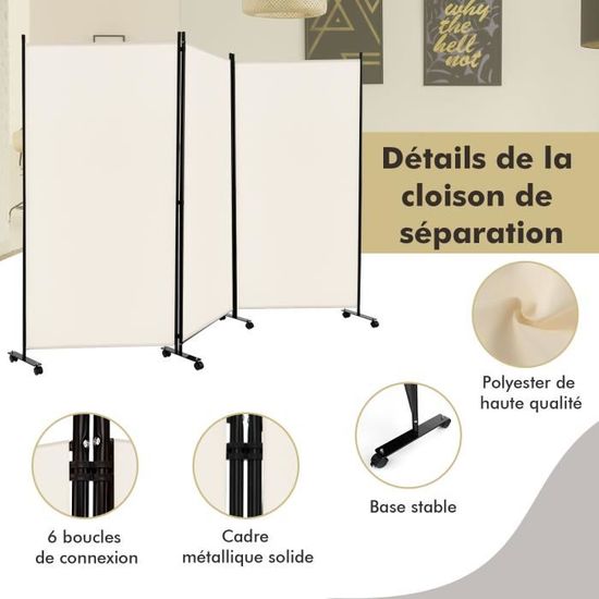 Paravent Roulette COSTWAY Blanc 3 Panneaux Pliable D tachables paravent-roulette-costway-blanc-3-panneaux-pliable-d-tachables