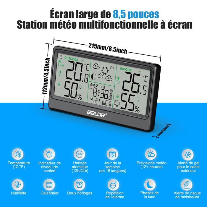 UlisemStation météo sans fil, station de prévision numérique couleur, thermomètre intérieur