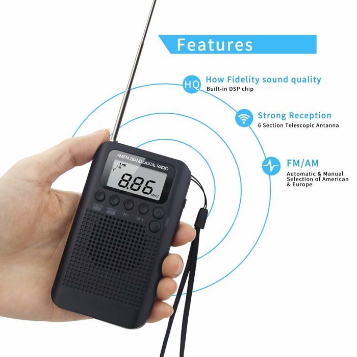 Songway Radio Pocket AM/FM Numérique Portable - Réveil Horloge Avec Minuterie Et Haut-Parleur