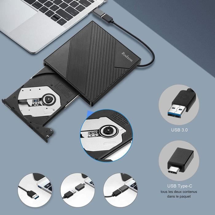 Rodzon Lecteur CD DVD Externe USB 3.0, Graveur - FONCTIO