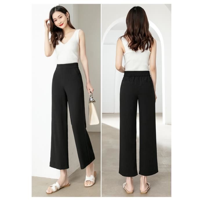 Pantalon Femme 7 8 Stretch Coupe large Taille haute elastiquee Noir Noir Cdiscount Pret a Porter