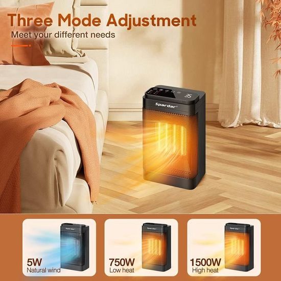 Chauffage D'appoint électrique 1500W Silencieux - Avec Télécommande, Oscillation 70°, 3 Modes - Pour Salle De Bain, Chambre, Bureau - 5