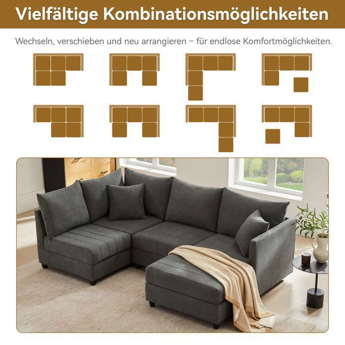 Canapé d'angle modulaire, 5 places, avec deux poufs convertibles en ...
