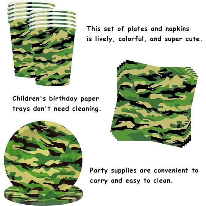 Vaisselle de fête à thème Camouflage, assiettes en papier, tasses