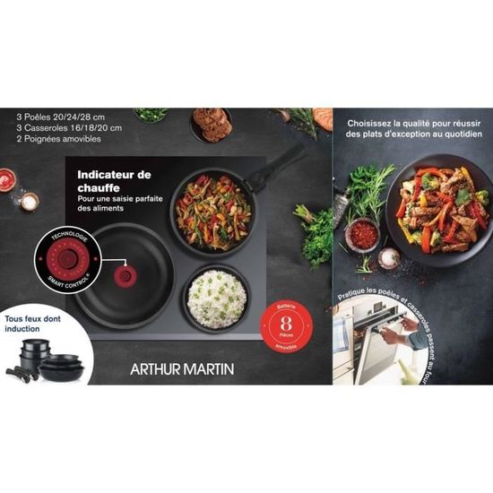 Batterie De Cuisine Arthur Martin 8 Pièces - Poêles Et Casseroles Aluminium - Poignée Amovible Induction
