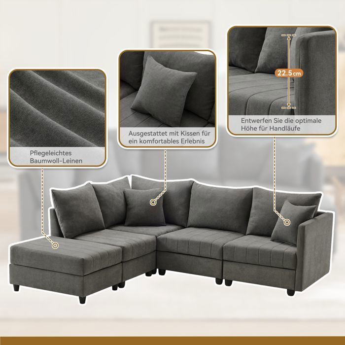Canapé d'angle modulaire, 5 places, avec deux poufs convertibles en ...