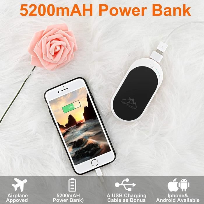 Chauffe-mains Rechargeable 5200 MAh – USB, Compact, Double Fonction Batterie Externe