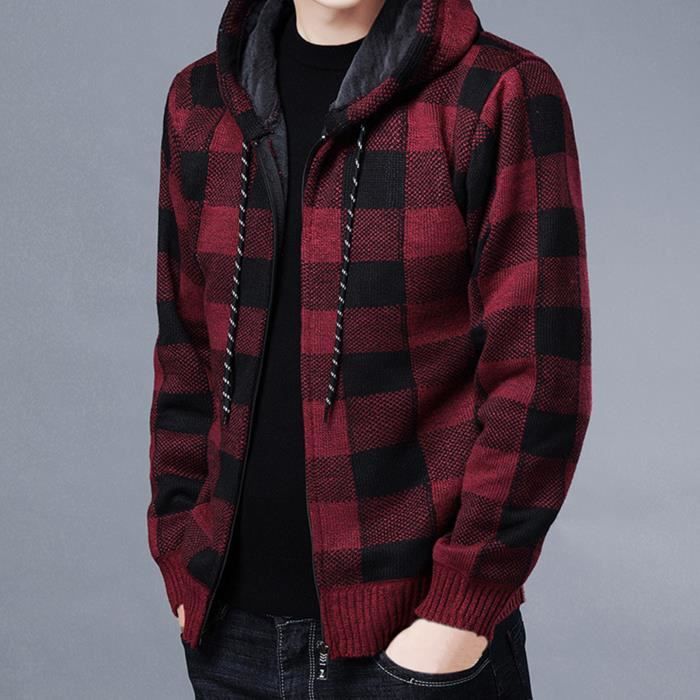 BLOUSON PERFECTO BOMBER Veste homme a carreaux en polyester respirant a capuche pour lhiver Red Cdiscount Pret a Porter