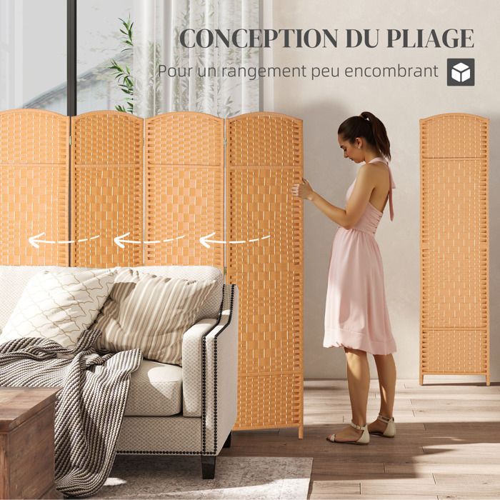 Paravent 4 Panneaux HOMCOM Bois & Rotin PP – Séparateur Pièce Pliable 170x160 Cm, Style Naturel