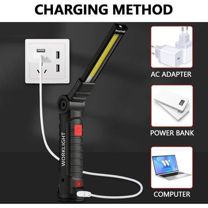Lampe De Travail LED COB Rechargeable – 52,7 Cm, Base Magnétique, Intensité Réglable, ABS Robuste – Camping, Réparation, Bricolage