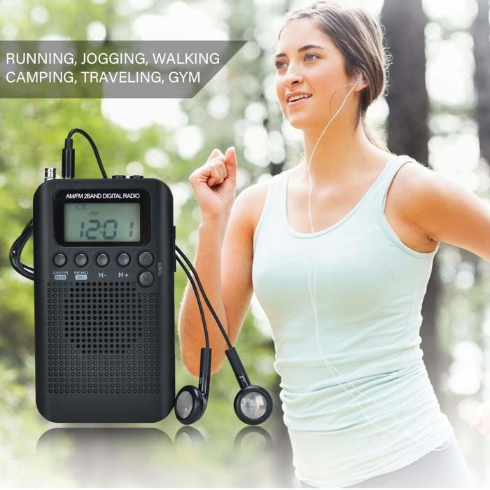 Radio Pocket Numérique Songway AM/FM - Réveil, Minuterie Sommeil, Écran LCD, Écouteurs Inclus (Noir)