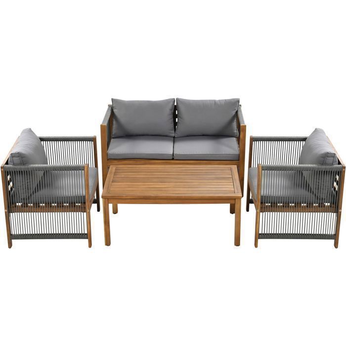 GIANTEX Salon De Jardin 2 Personnes En Acacia – Table + 2 Chaises Pliantes Avec Coussins Amovibles, Style Bistrot Pour Terrasse, Balcon, Jardin (Gris + Naturel)