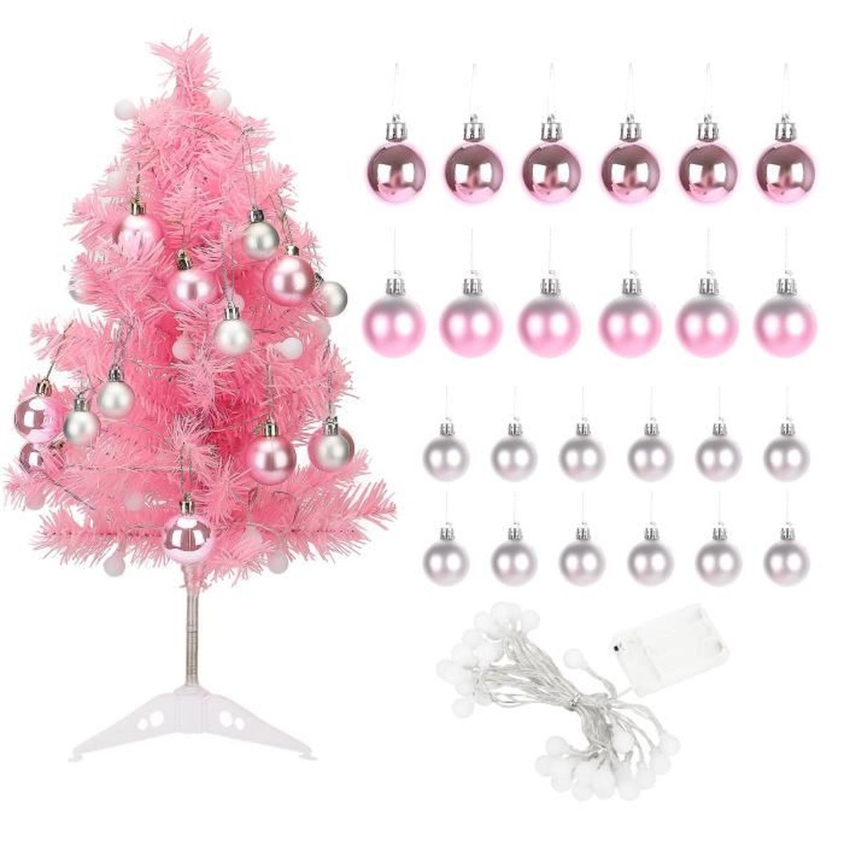 Mini décoration de sapin de Noël rose,60 cm, avec lumières LED et 24