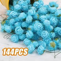 144 pièces bleu 2.5cm ruban fil PE mousse artificielle rose fleur tête mariage boîte à bonbons bricolage matériel fleur accessoires