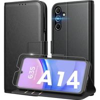Coque pour Samsung A14 4G-5G + 2 vitres verre trempé Effet Cuir Noir Protection Renforcée Fermeture Magnétique