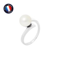 PERLINEA - Bague Véritable Perle de Culture d'Eau Douce Ronde 8-9 mm - Colori Blanc Naturel - Or Blanc - Bijou Femme