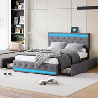 Brinlawb Cadre Lit 140x200 Métal Avec LED Et Multiprise - Lit Double 2 Tiroirs Sommier Blanc Moderne