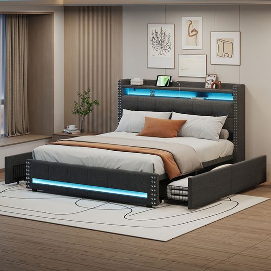 Canapé-lit 90x190 Avec LED Et USB – Banquette 2 Tiroirs, Sommier Lattes Métal, Dossier Réversible, éclairage RGB Contrôlable Par Appli - 10