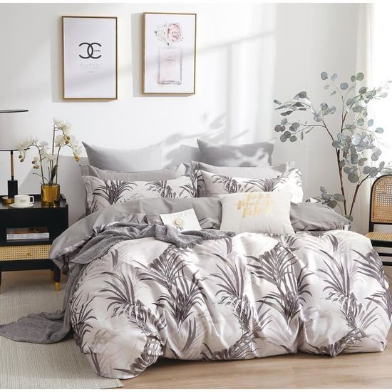 Parure De Lit 3 Pièces 100% Coton Percale - Housse De Couette 240x220 Cm + 2 Taies 65x65 Cm - Imprimé Double Face - Vert - 8